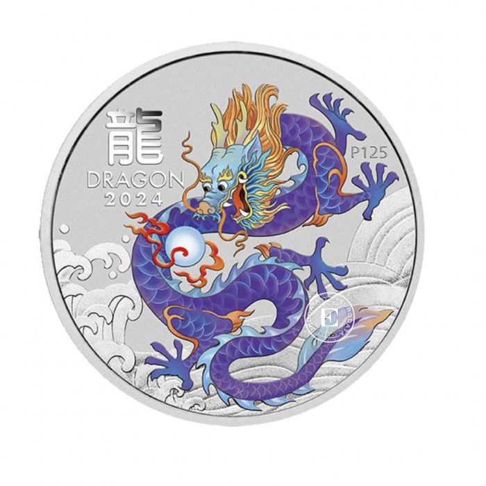 1 oz (31.10 g) srebrna  kolorowa moneta na karcie Lunar III -  Dragon, Australia 2024 (fioletowy)